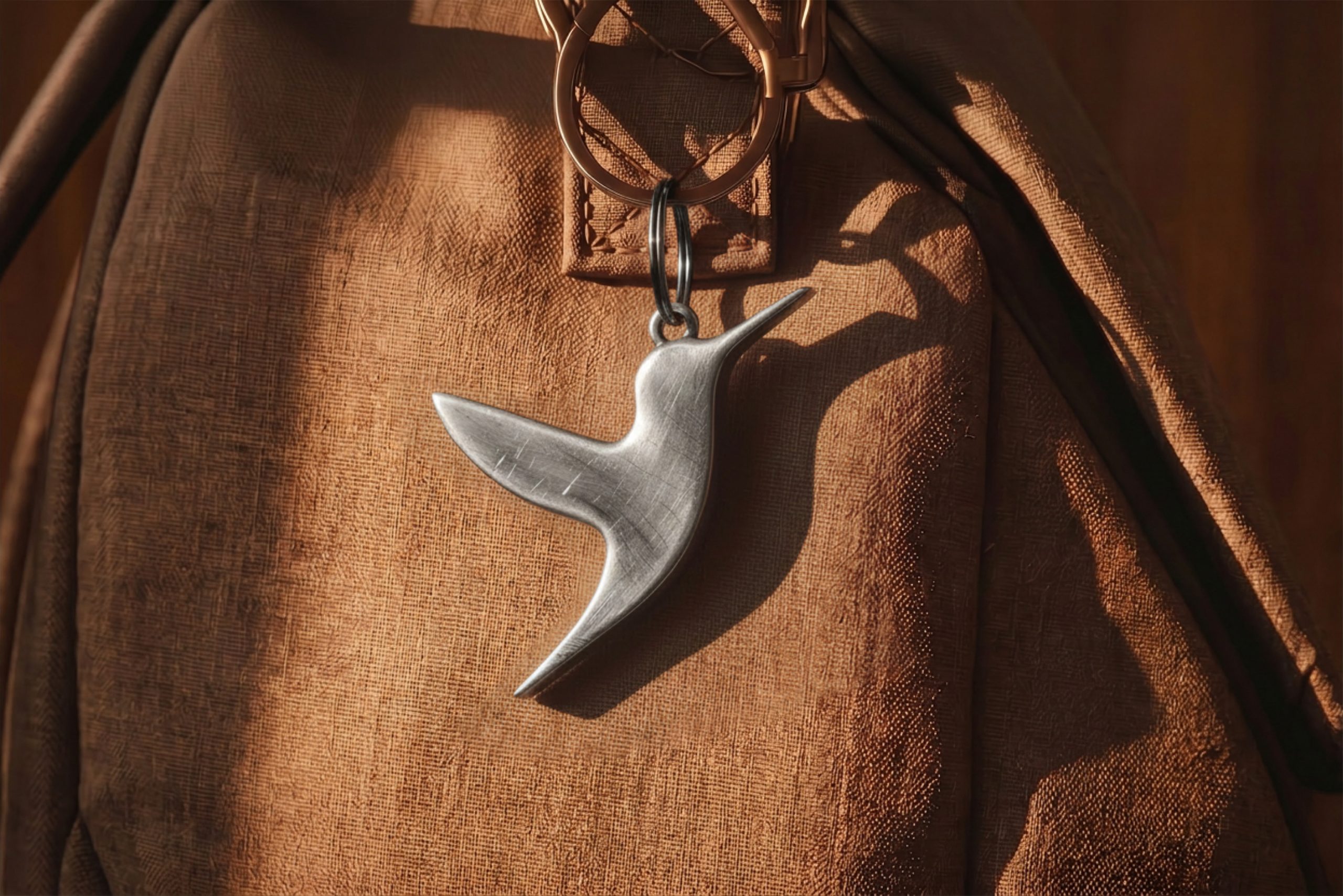 Silver hummingbird-shaped keyring charm resting on draped brown fabric