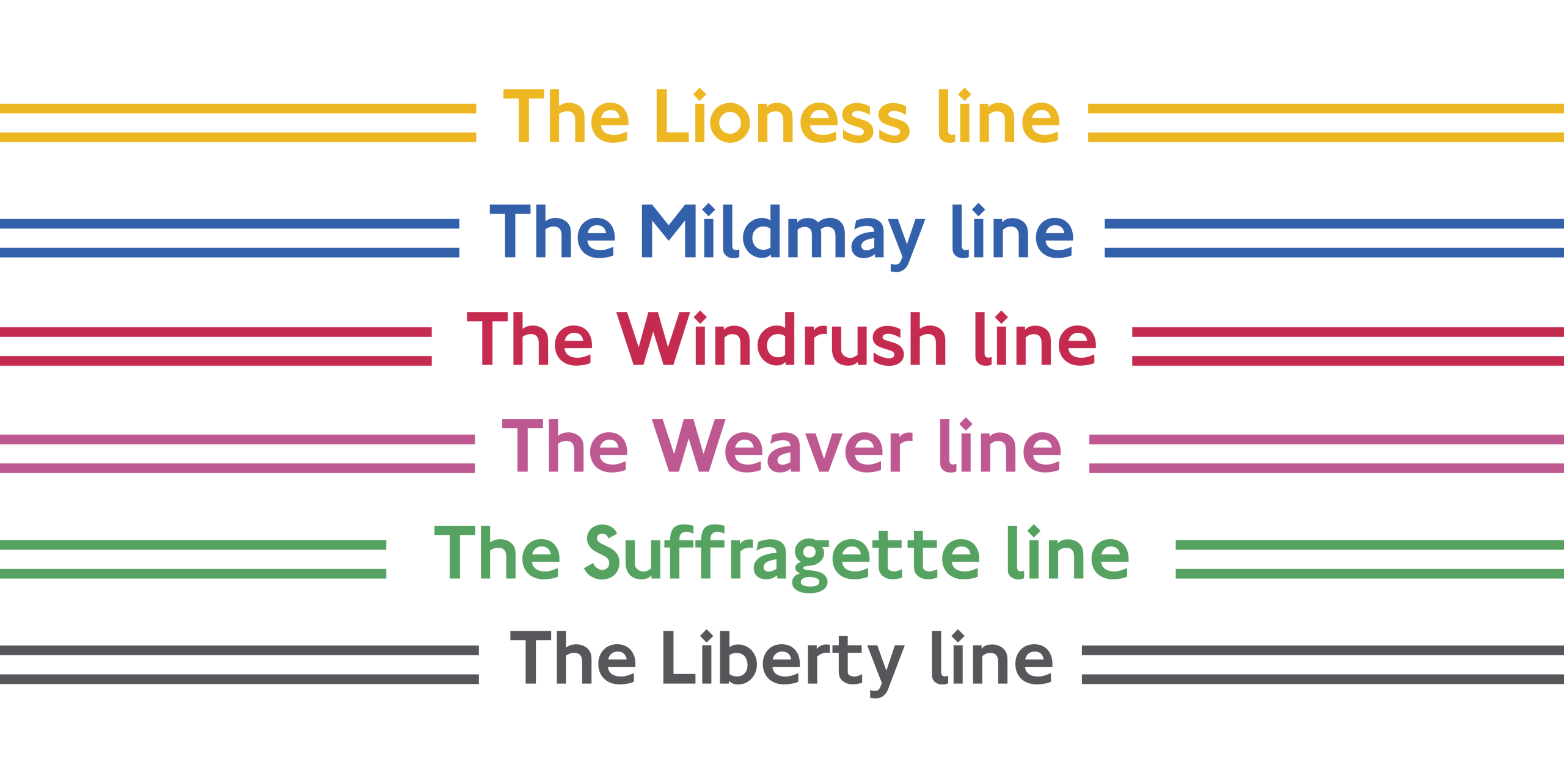 Colour-coded transport network naming: Lioness, Mildmay, Windrush, Weaver, Suffragette and Liberty line names